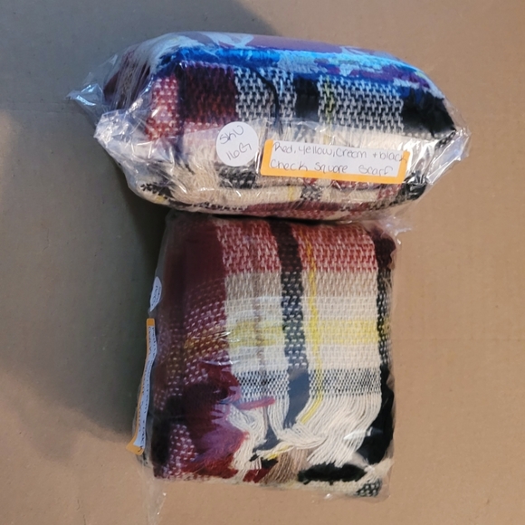 Red, Yellow, Cream & Black Check Square Scarf - Picture 7 of 7